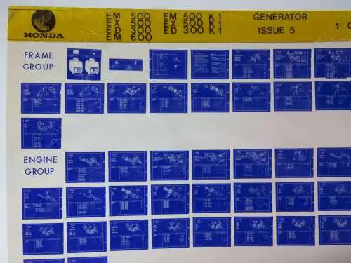 Collection of Honda parts fiche cards - Various models, bikes, outboards, lawnmowers
