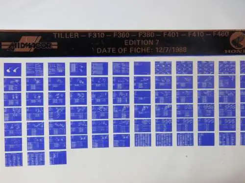 Collection of Honda parts fiche cards - Various models, bikes, outboards, lawnmowers