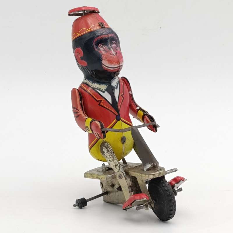 Vintage Mechanical Circus monkey on tricycle toy - needs some TLC