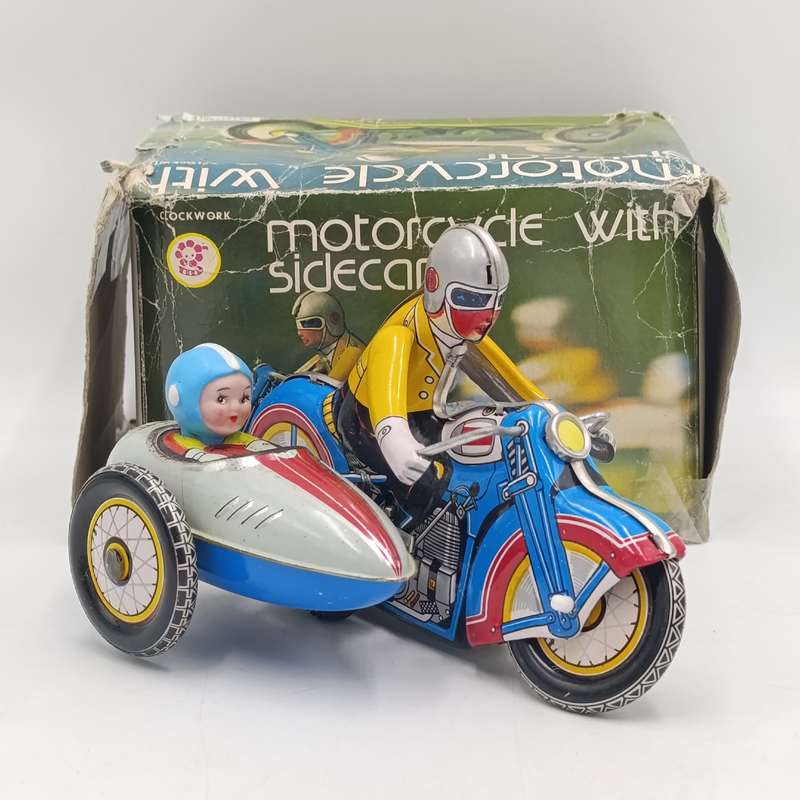 Vintage Chinese MS709 Motorcycle with sidecar mechanical tinplate toy in box