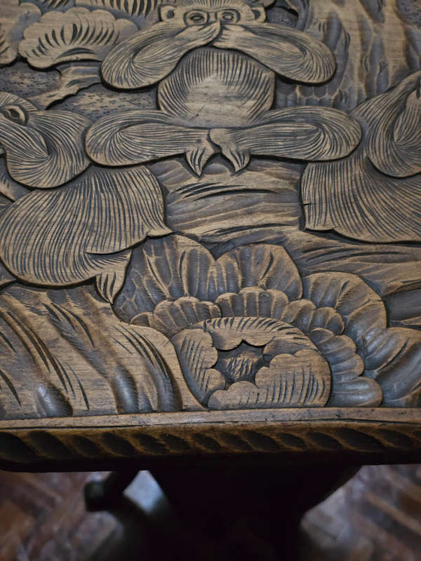 Antique Japanese Meiji-Era Floral Carved Table/Stool. Circa 1905