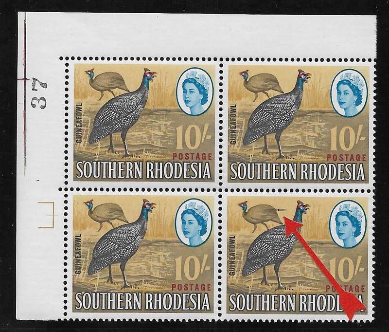 Southern Rhodesia SACC106a 10s marginal corner block with positional TAIL FEATHER FLAW