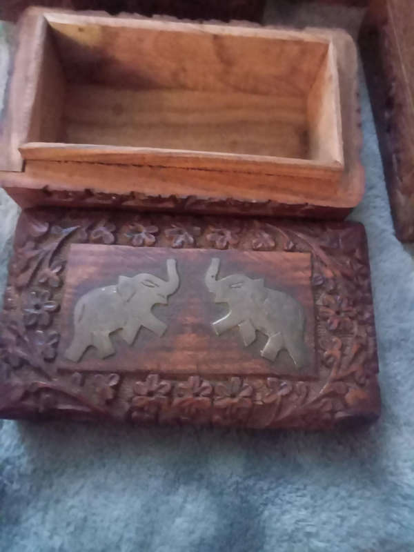 Wooden box brass inlaid elephants