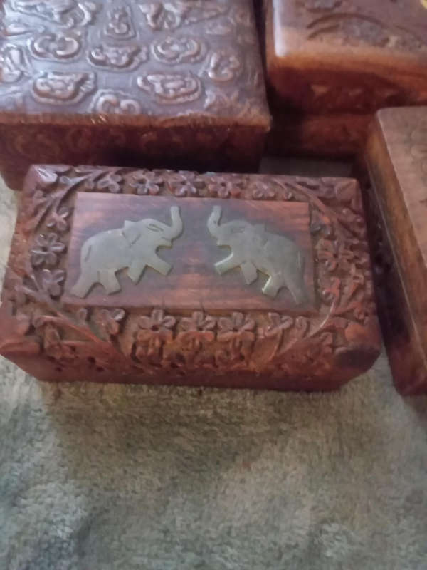 Wooden box brass inlaid elephants