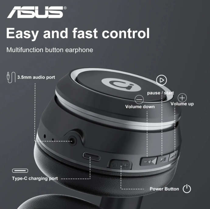 ASUS adol AS-D96 Wireless Headphones Sound Isolation Phone Calls On-Body Remote