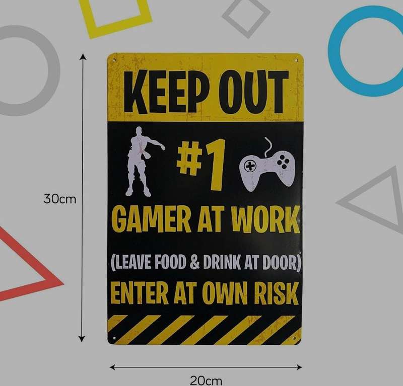 Wall Piece Metal Tin Sign  Keep Out, Gamer at work. Leave food & Drink at Door. Enter at own risk
