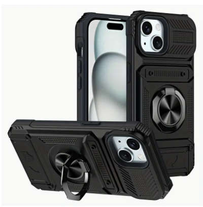 iphone i-phone 13 14 shockproof hard rubber cover case magnetised rear stand card holder black