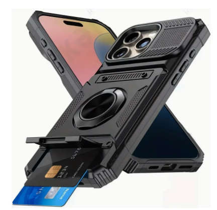 iphone i-phone 14 PRO shockproof hard rubber cover case magnetised rear stand card holder black