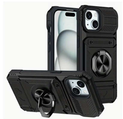 iphone i-phone 15 PRO shockproof hard rubber cover case magnetised rear stand card holder black