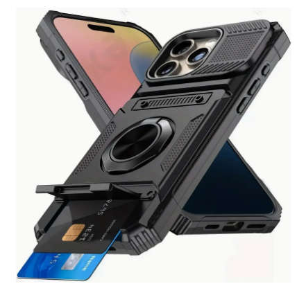 iphone i-phone 16 PRO MAX shockproof hard rubber cover case magnetised rear stand card holder black