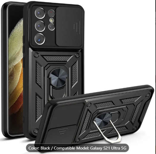 Samsung Galaxy S21 ULTRA shockproof hard rubber cover case  rear stand  black