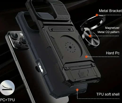 iphone i-phone 16 PRO MAX shockproof hard rubber cover case magnetised rear stand card holder black