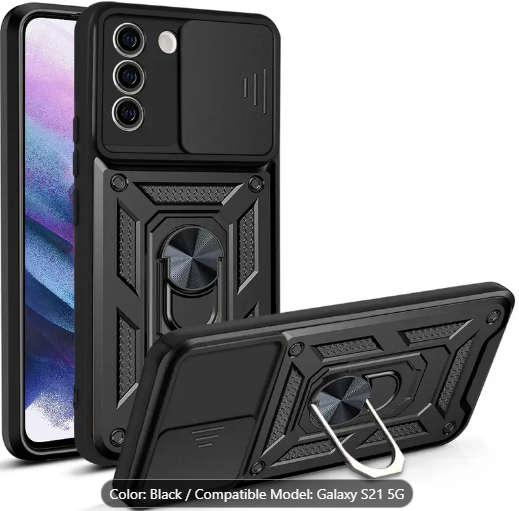 Samsung Galaxy S21 shockproof hard rubber cover case  rear stand  black
