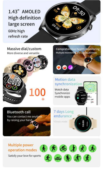 BezosMax KC88 Smart Watch Android/iPhone Fitness AI Assistant Sport Tracker - Black