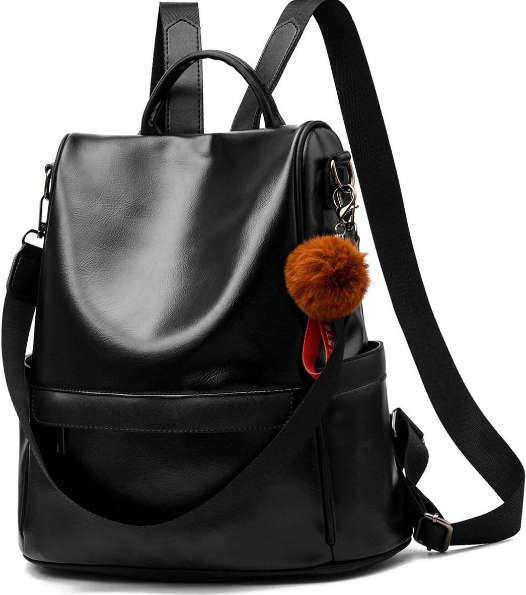 Anti-Theft Backpack Shoulder Bag for Women Spacious Waterproof PU Leather-M - Black