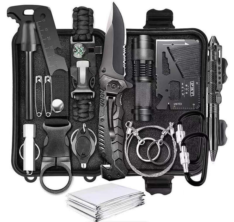 Tactical Survival Multi-Function Kit,16 in 1 Black