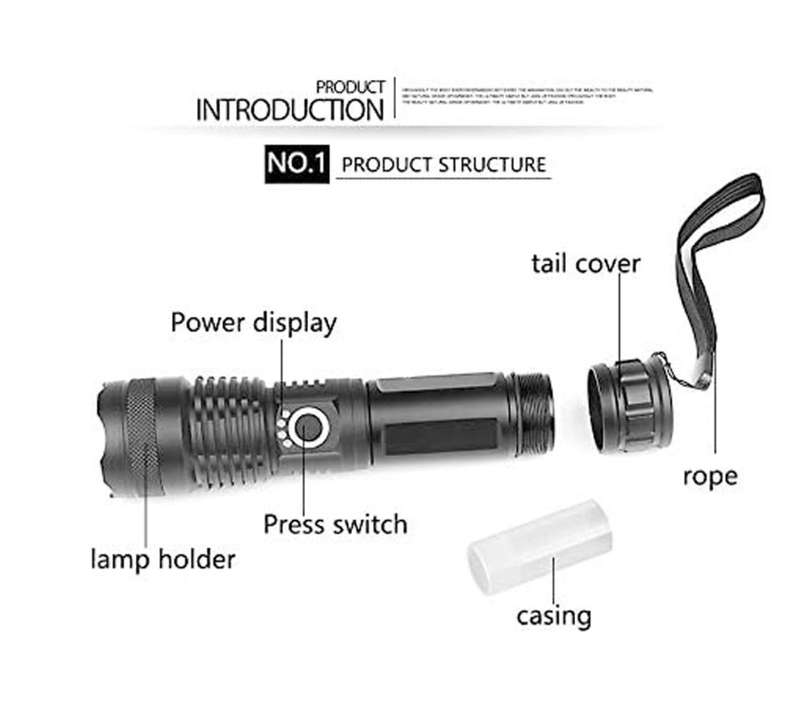 LED Flashlight 90000 lumen Most Powerful Rechargeable Torch - Black