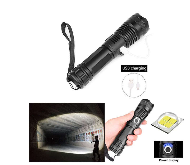 LED Flashlight 90000 lumen Most Powerful Rechargeable Torch - Black