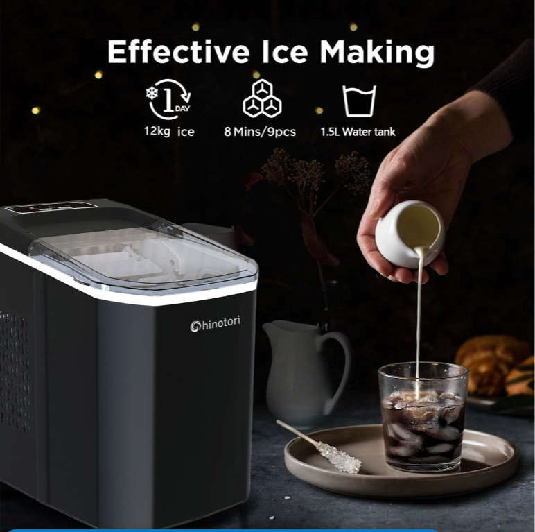 Counter-Top Ice-Maker 12kg Ice Maker Machine 8 Mins 9 Bullet Ice-Black