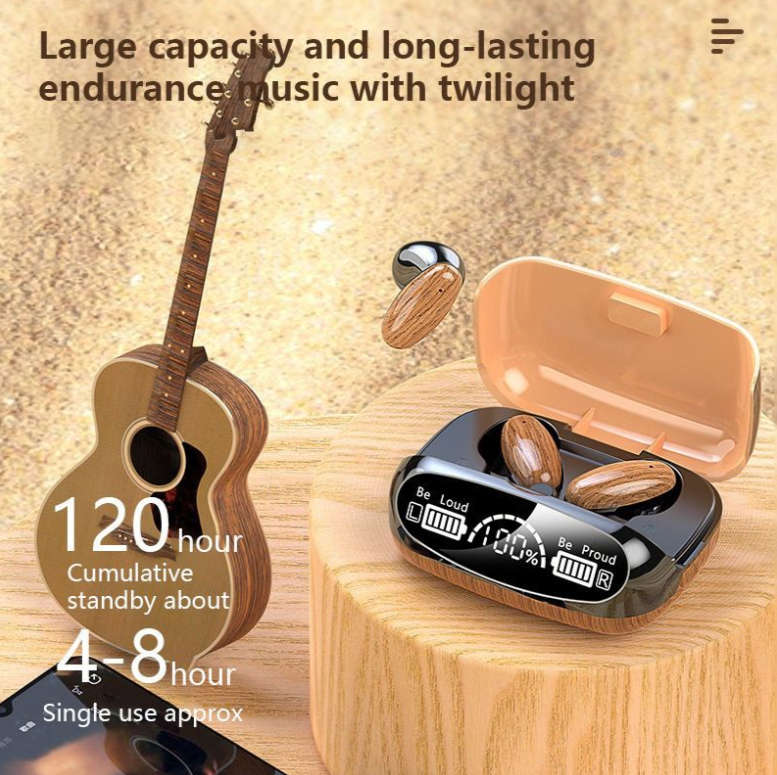 Wood Grain Bluetooth V5.2 Earphone Digital Display TWS Wireless Earbuds