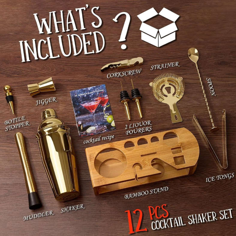 12-Piece Cocktail Shaker Set Bartender Kit - Gold