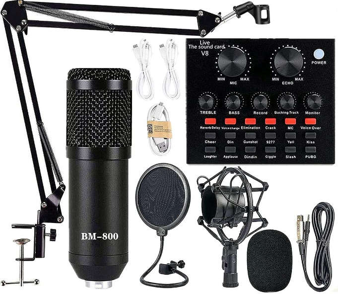 Podcast Equipment Bundle, BM-800 Mic Kit with V8 Live Sound Card - Black
