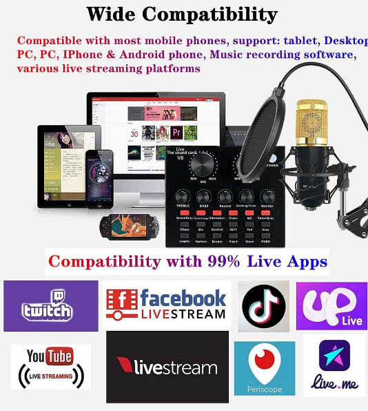 Podcast Equipment Bundle, BM-800 Mic Kit with V8 Live Sound Card - Black