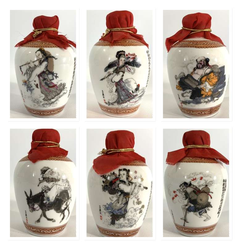 6 x Collectible Porcelain Chinese Liquor Bottles (Still Sealed and Full - Circa 1948)