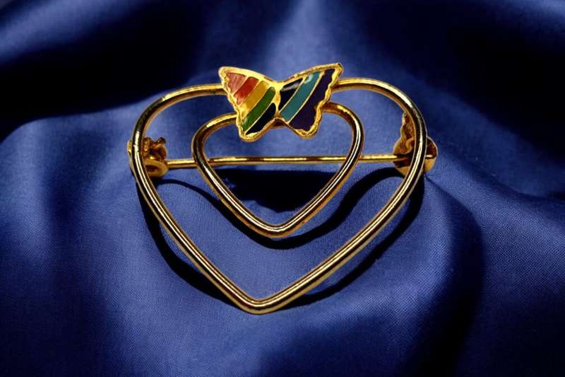 Vintage Heart with Enamel Rainbow Butterfly Brooch