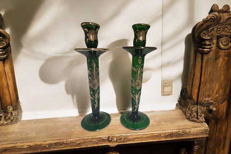 Stunning Emerald Green Hand Blown Gilded Glass Bohemian Candlesticks 29cm