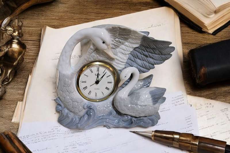 Vintage Porcelain Swan And Cygnet Figurine Clock