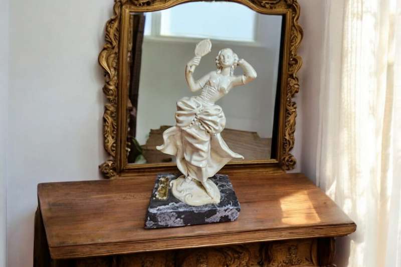 Exquisite Victorian Lady Figurine, gracefully poised on a genuine Carrara marble base made in Italy