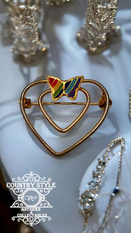 Vintage Heart with Enamel Rainbow Butterfly Brooch