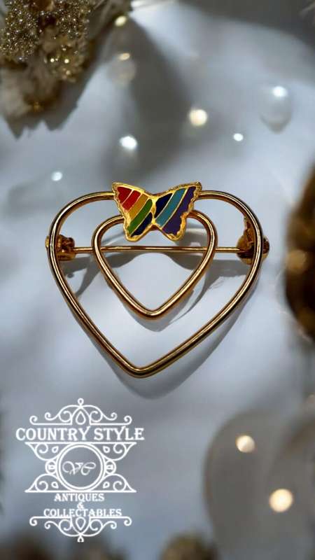 Vintage Heart with Enamel Rainbow Butterfly Brooch