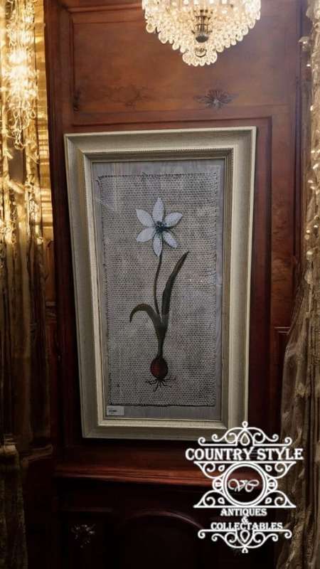 Framed Painted Flower on Fabric Print behind glass