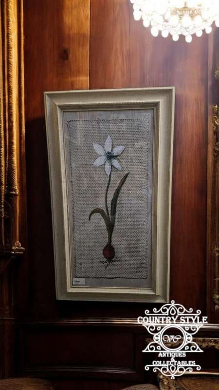 Framed Painted Flower on Fabric Print behind glass