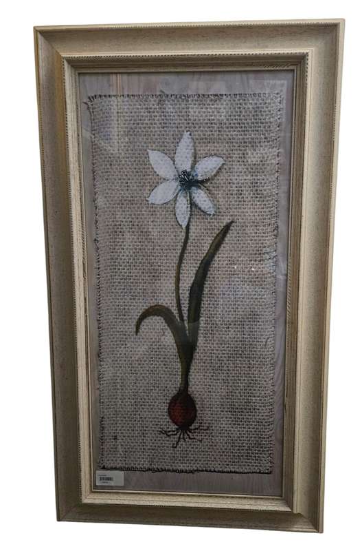 Framed Painted Flower on Fabric Print behind glass