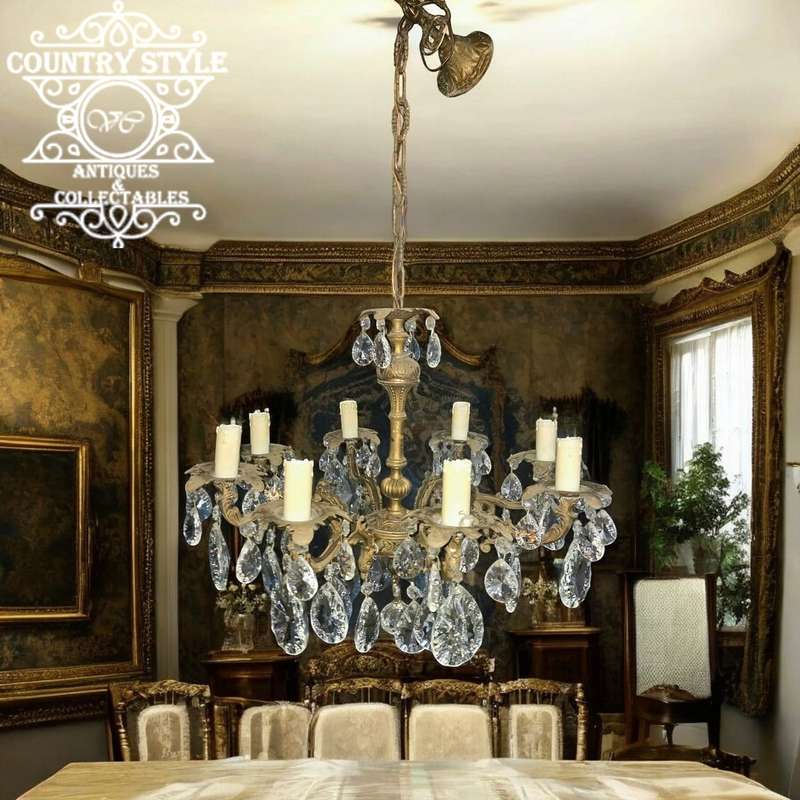 Antique 8 arm Brass & Crystal Chandelier
