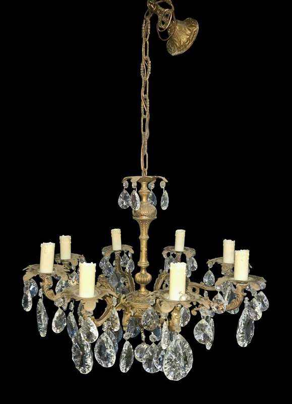 Antique 8 arm Brass & Crystal Chandelier