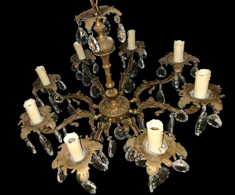 Antique 8 arm Brass & Crystal Chandelier