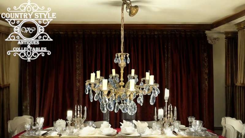 Antique 8 arm Brass & Crystal Chandelier