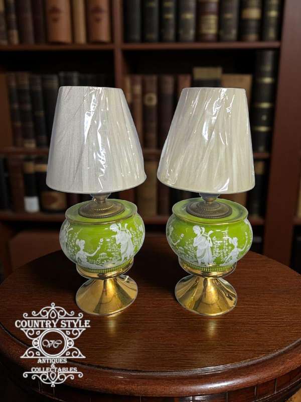Pair of Vintage Italian Green White Gold Courting Lamps