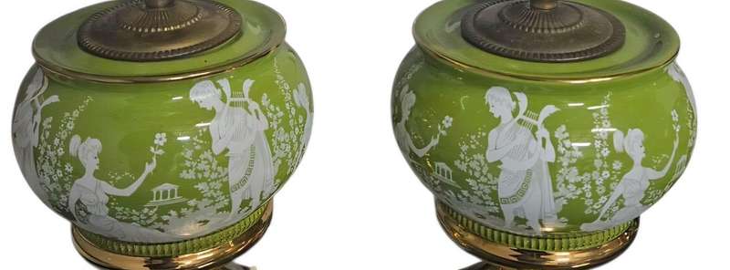 Pair of Vintage Italian Green White Gold Courting Lamps