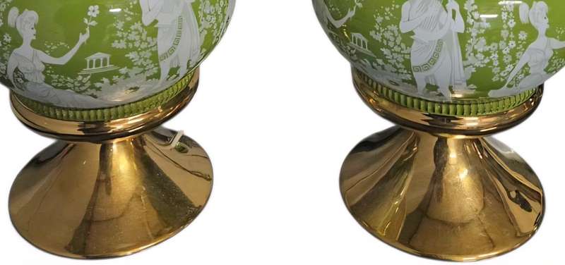 Pair of Vintage Italian Green White Gold Courting Lamps