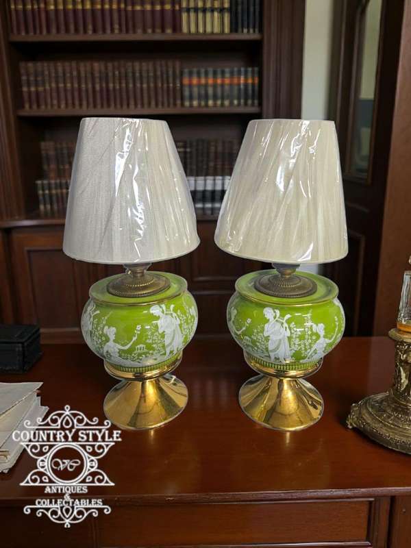 Pair of Vintage Italian Green White Gold Courting Lamps