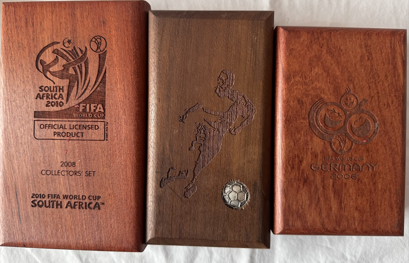 3 x empty soccer and FIFA World Cup coin set boxes