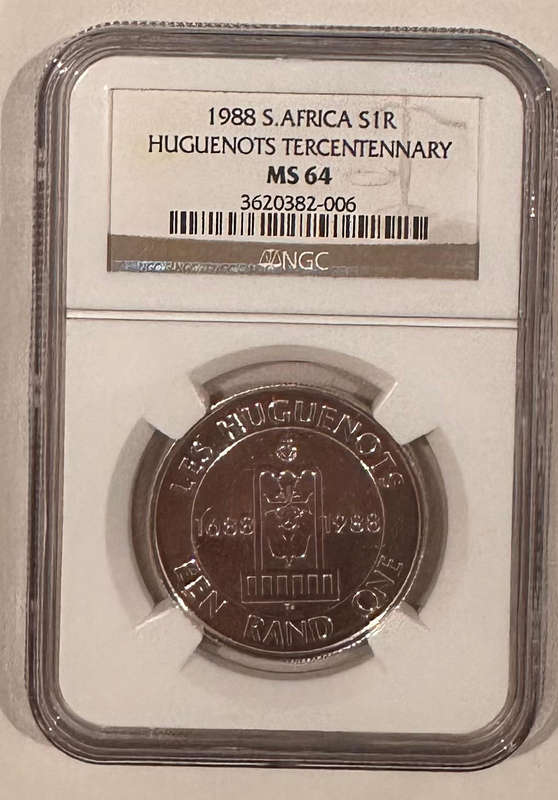 1988 S.AFRICA HUGUENOTS TERCENTENNARY R1 Silver COIN S1R MS64 HIGH GRADE R1 coin- only 3 better