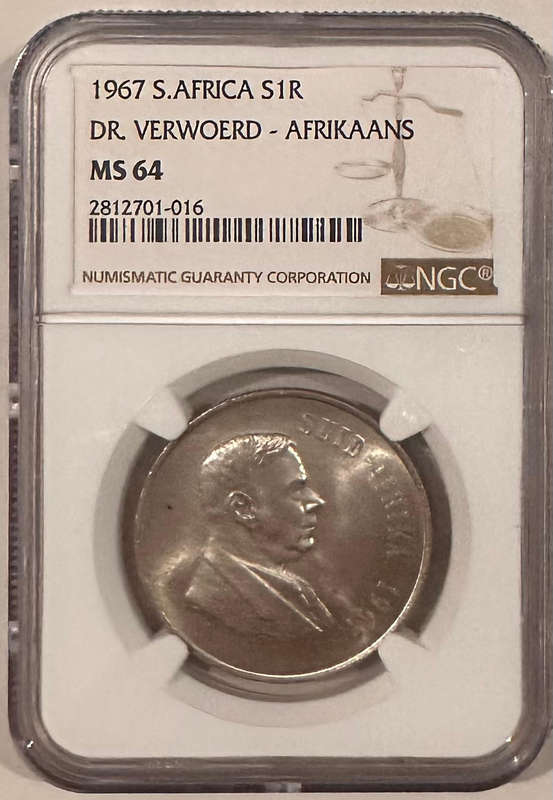 1967 S.AFRICA DR. VERWOERD R1 Silver coin- AFRIKAANS S1R NGC MS64 only 6 better