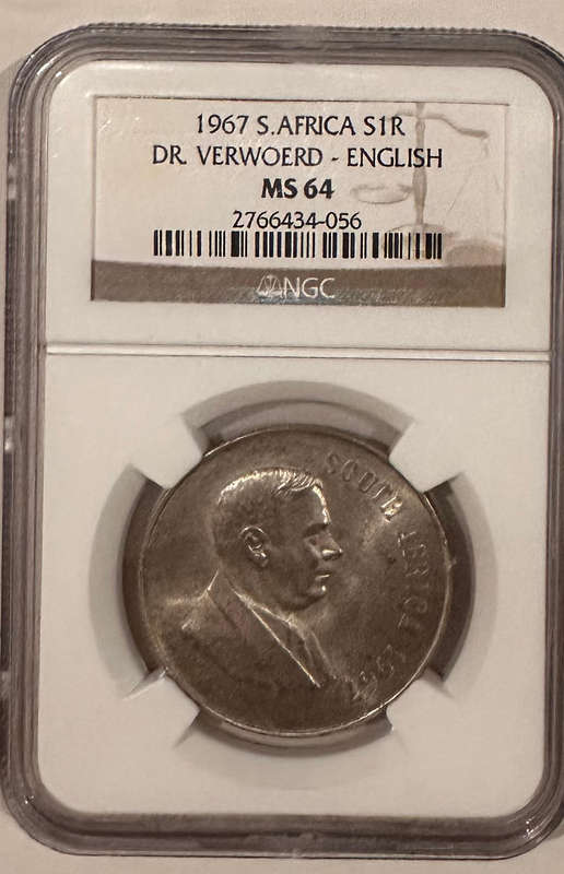 1967 S.AFRICA DR. VERWOERD R1 Silver coin- ENGLISH S1R NGC MS64 only 12 better