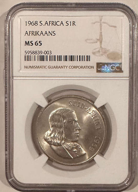 1968 S.AFRICA AFRIKAANS S1R R1 Silver coin NGC MS65 HIGH GRADE only 4 better